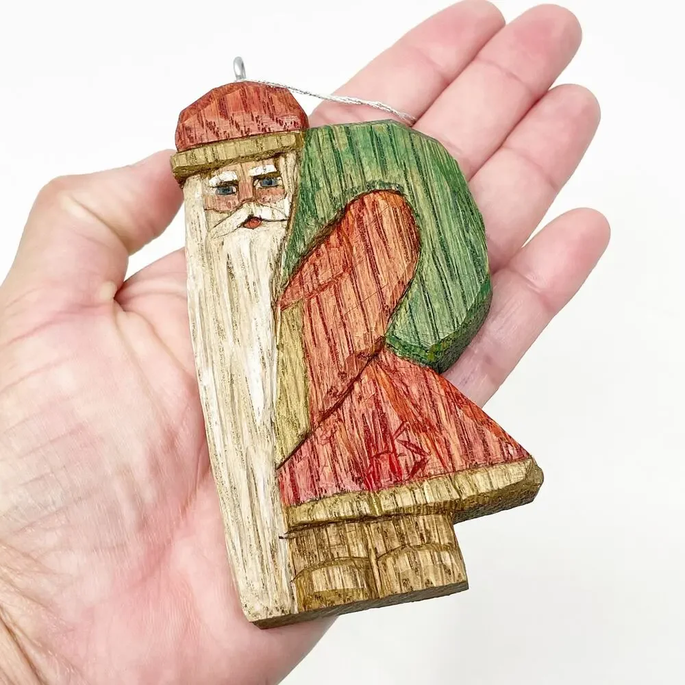 Vintage Handmade Wooden Santa Claus Ornament Primitive Folk Art Old World 4